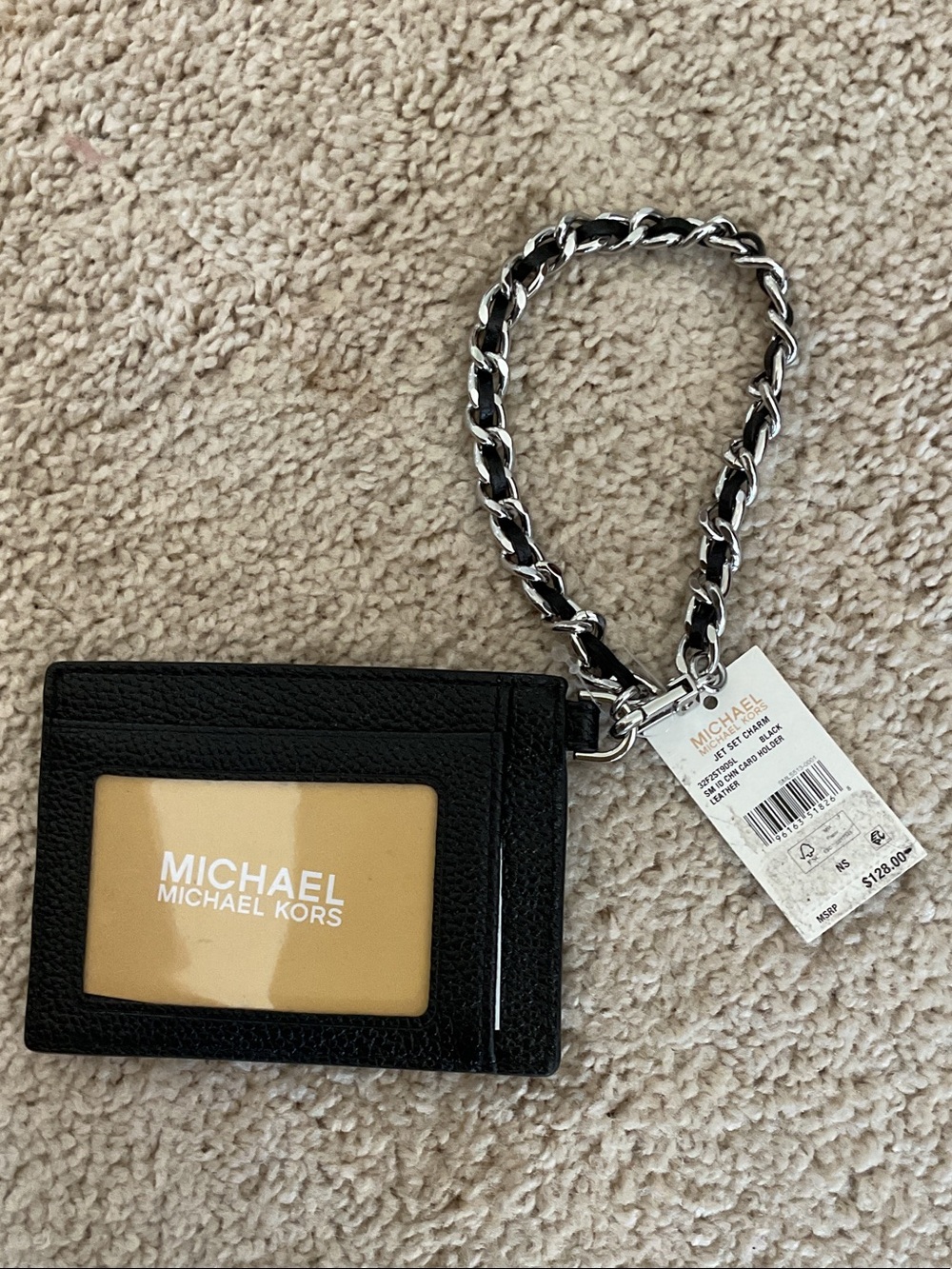 Michael Kors Black Leather ID Card Holder with Chain Strap